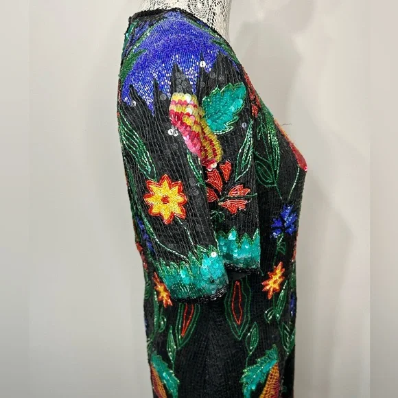 Vintage 80’s silk sequins fully beaded floral design knee length formal dress - Picture 11 of 16